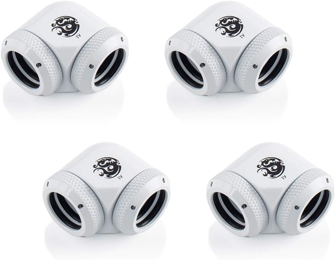 Bitspower Dual Enhance Multi-Link Adapter Fitting for 14mm OD Rigid Tubing, 90 Degree Angle, Deluxe White, 4-Pack