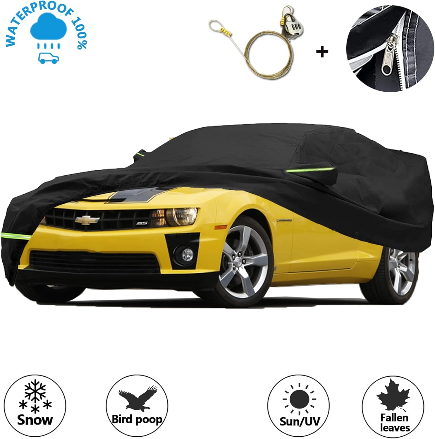 Virego Waterproof Car Cover for Camaro Car Cover Black, 210D Oxford Cloth, with Zipper Door, Reflective Strip,Windproof Straps, Windproof Snow Proof UV All Weather Protection, for Camaro 2010-2021