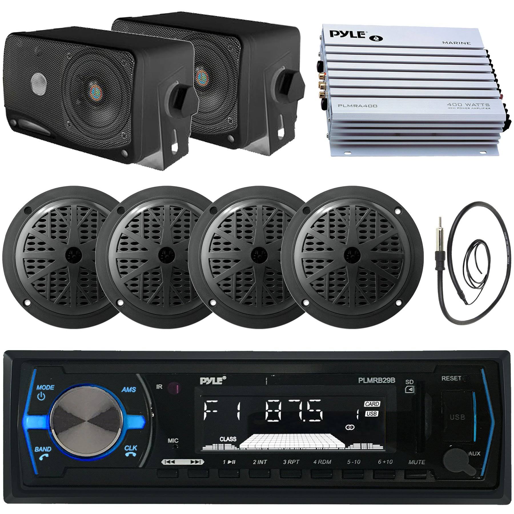 Pyle Audio Bundle 5.25x22 Black Marine Speakers, Bluetooth USB Radio,400W Amp, Box Speakers, Antenna