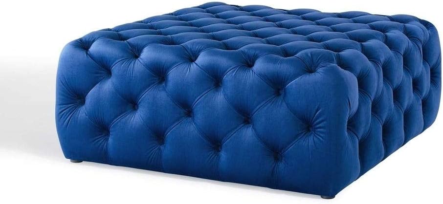 HNU Luxurious Mid-Century Modern Deep Button Tufted Large Square Performance Velvet Ottoman, Glam Footrest Stool Accent Furniture, Stain Resistant Durable Seating, Perfect for Living Room | Navy