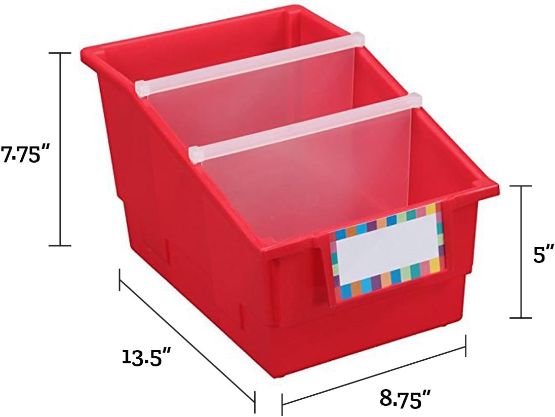 Really Good Stuff Large Plastic Labeled Book and Organizer Bin for Classroom or Home Use – Sturdy Plastic Book Bins in Fun Primary Colors – (Set of 4) Pack of 2