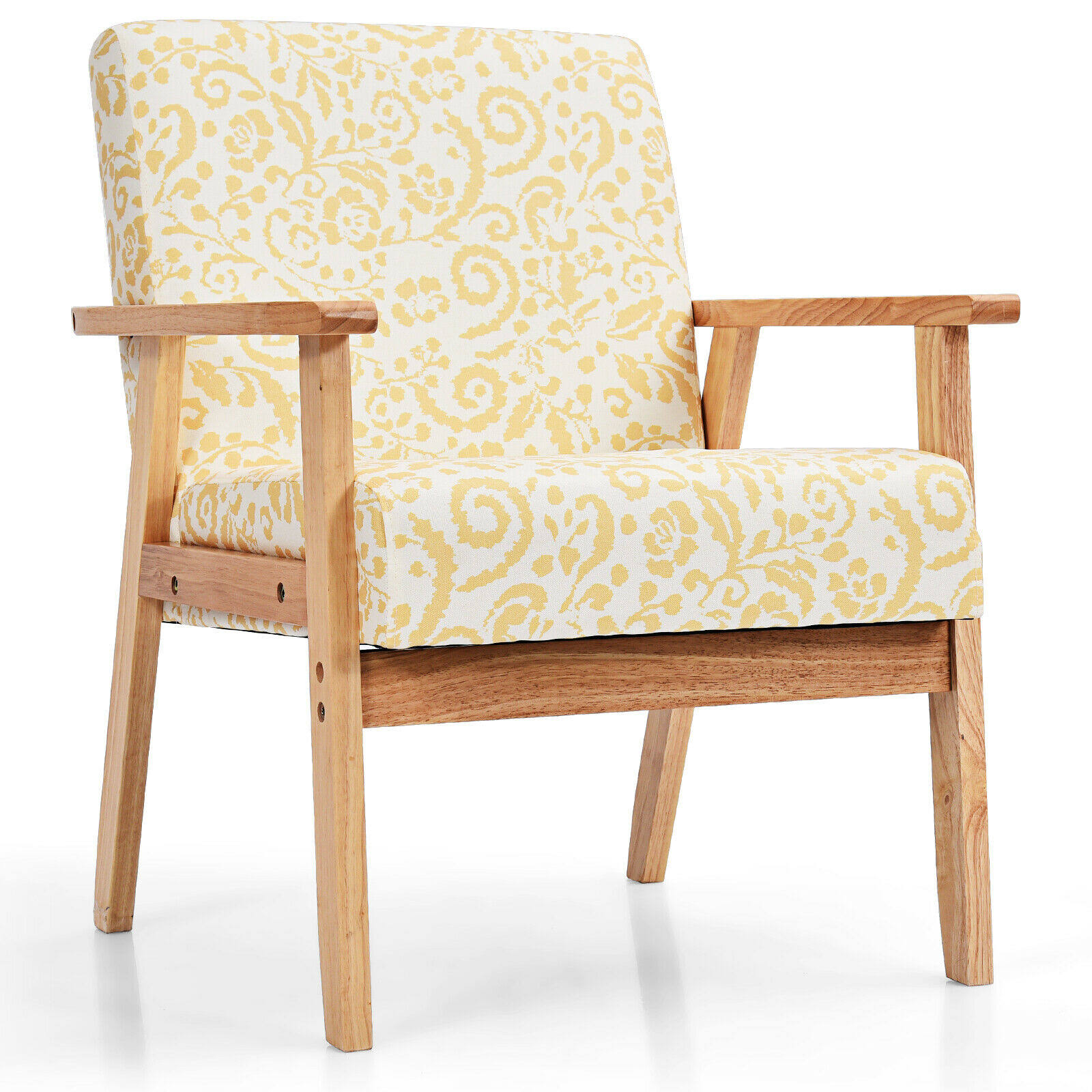 Modern Accent Armchair Fabric Lounge Chair with Rubber Wood Leg-Yellow