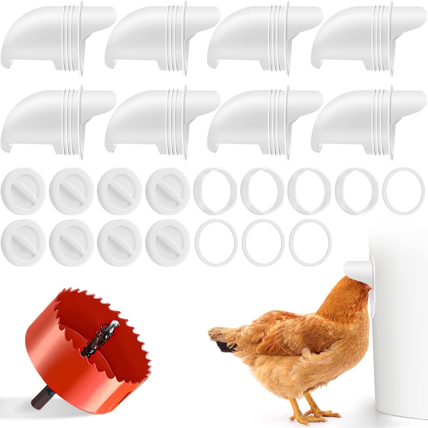 8 Ports DIY Chicken Feeder Kit, No Waste Poultry Feeder-Automatic Poultry Gravity Feeder Kit, Easy Installation, Durable+Rainproof; Less Waste, Well Fit for Barrels, Bins, Troughs, Boxes Pack of 2