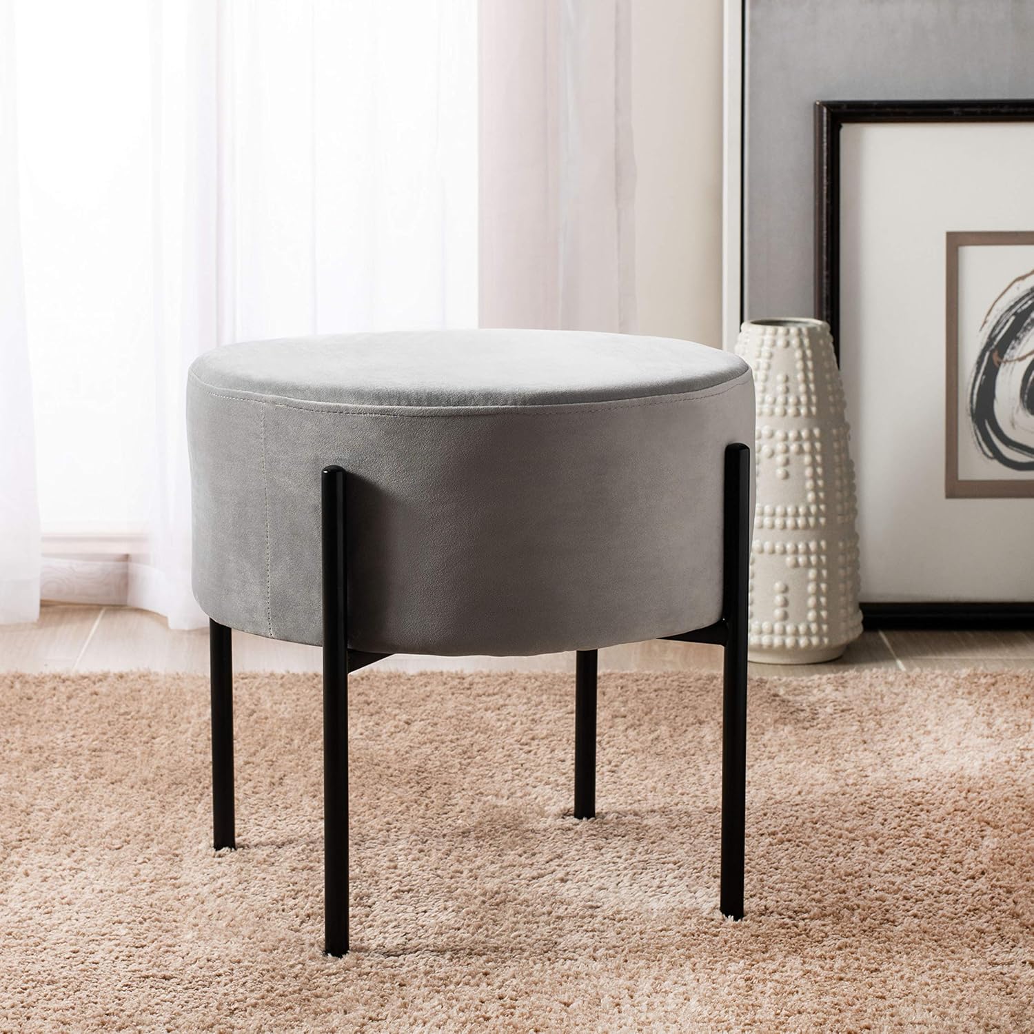 Safavieh Home Lisbon Glam Velvet Round Ottoman, Grey/Black