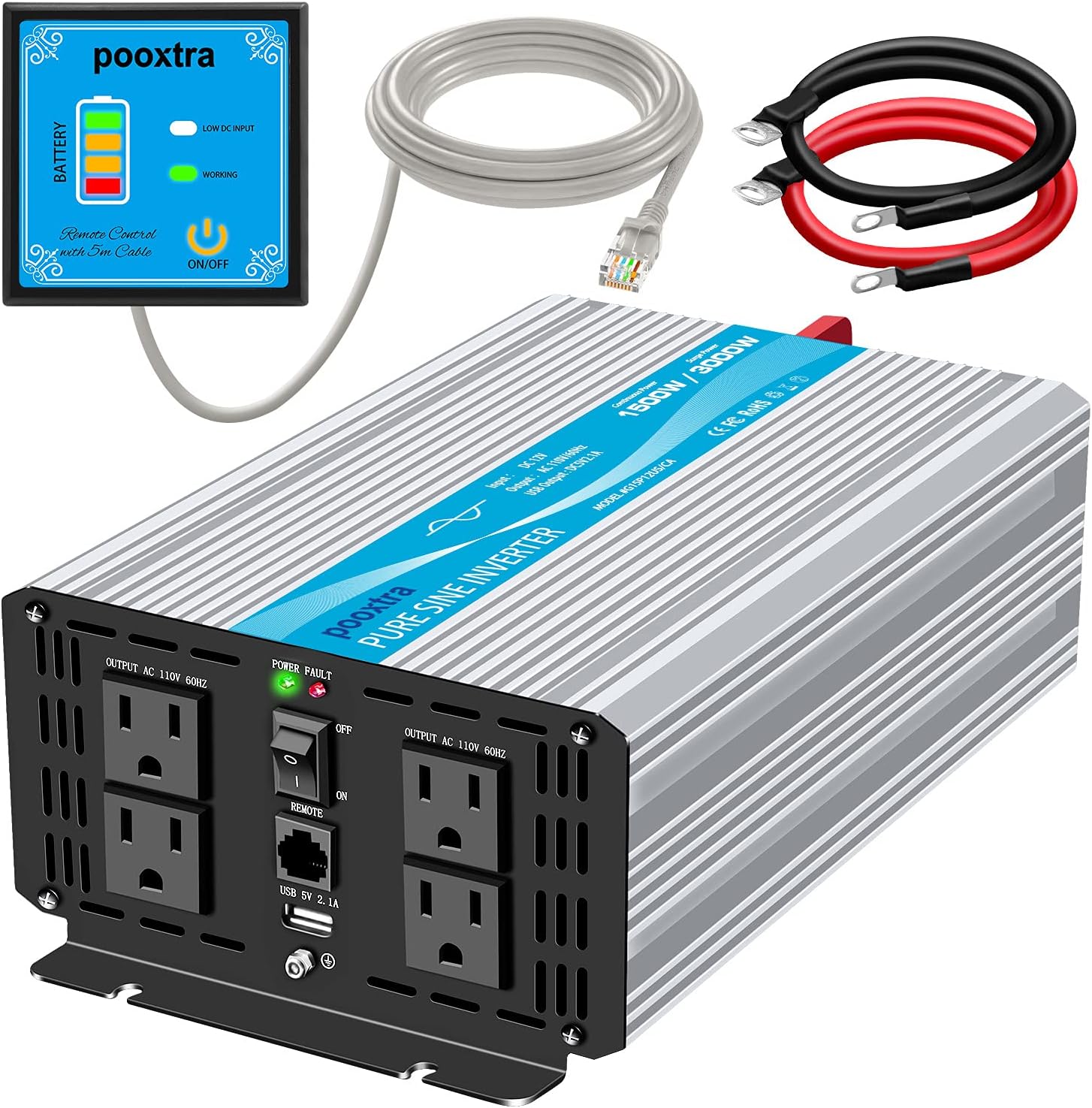 POOXTRA Power Inverter 1500 Watt Pure Sine Wave Inverter 12V DC to 110V/120V AC Converer with 4 AC Outlets,2.1A USB Ports,16.4ft Remote Control and Dual Cooling Fans-Peak 3000W