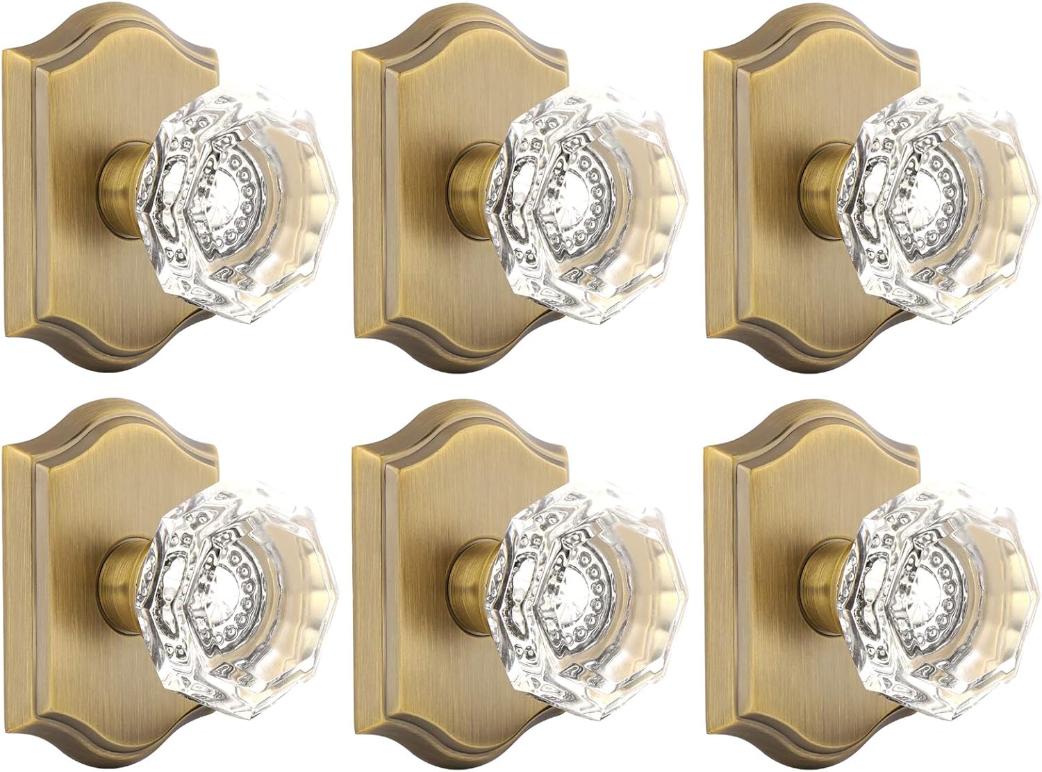 Gobrico 5 Pack Passage Crystal Door Knobs in Antique Brass for Hall Closet Laundry Room,Clear Octagon Shape,Keyless Outside for Interior Room