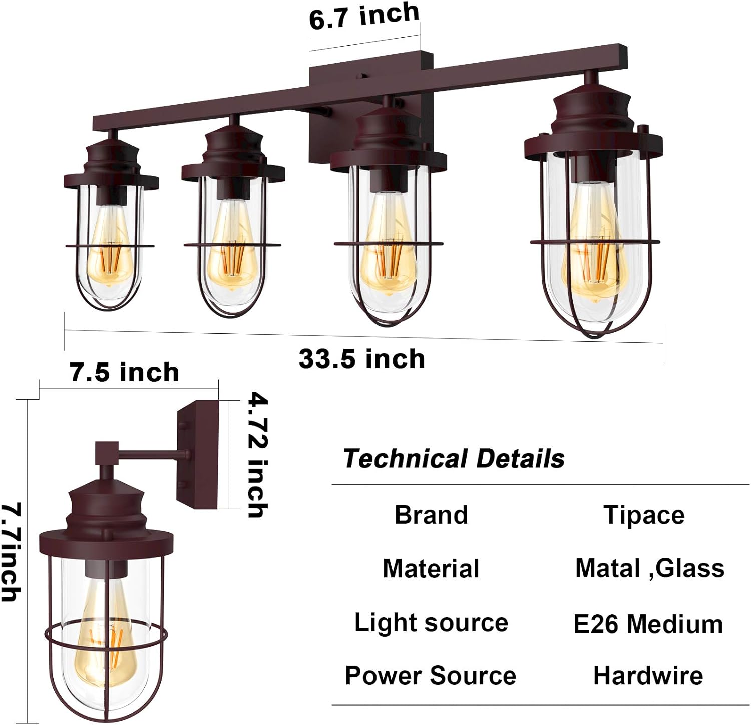 Tipace 4 Lights Industrial Bathroom Vanity Light Brown Metal with Clear Glass Vintage Vanity Lighting(Exclude Bulb)