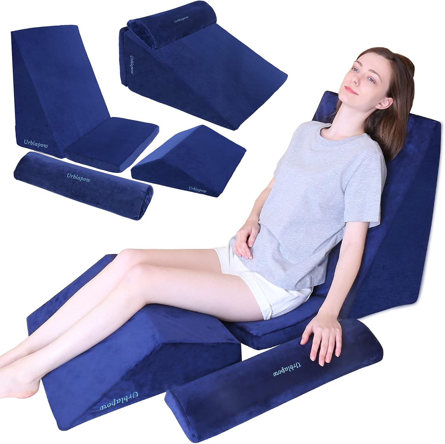 URBLAPOW UP-Ⅲ Wedge Pillow - Bed Wedge Pillow，Post Surgery Foam Pillow for Back, Neck and Leg Pain Relief， for Back and Legs Support，Reading Pillow ，Helps with Acid Reflux ，Blue