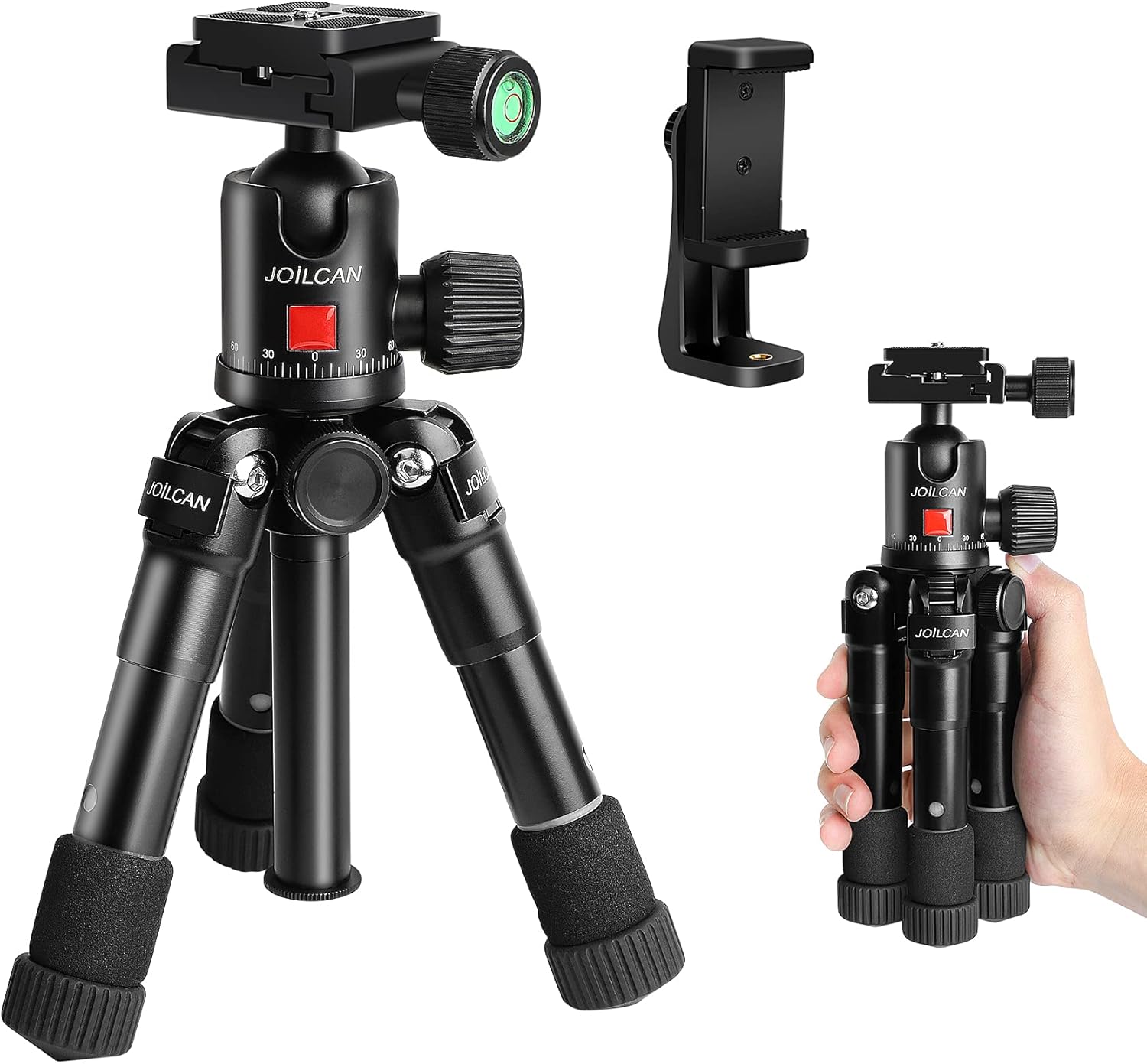 JOILCAN Tabletop Tripod 20in Aluminum Portable Desktop Camera Mini Tripod, Compact Travel Tripod Loads up to 15 lbs for DSLR/Phone Video with 360 Degree Ball Head & Phone Mount - H20 Black Pack of 2