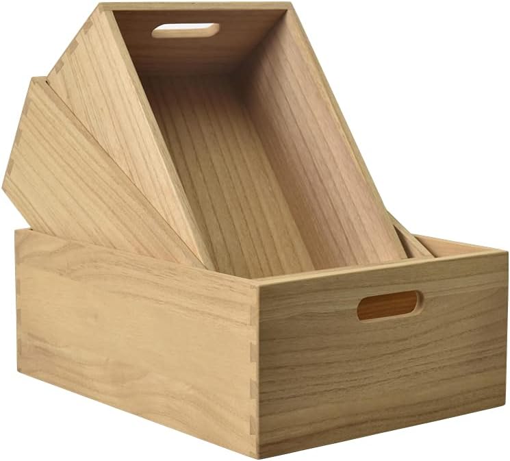 Kirigen Nesting Wood Crates with Handles Set of 3 - Farmhouse Decor Wooden Storage Containers/ Portable Rolling Tray Basket/ Crates Decorative Boxes Natural 3TH-NA Pack of 2