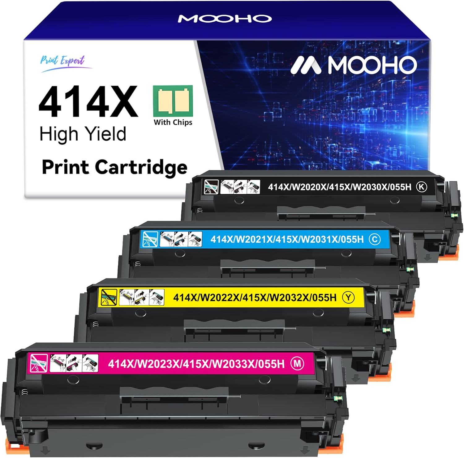 MOOHO Compatible Toner Cartridge Replacement for HP 414X W2020X (with Chip) 414A High Yeild for HP Color Pro MFP M479fdw M454dn M479fdn M454dw Toner Cartridge (Black Cyan Yellow Magenta, 4-Pack)