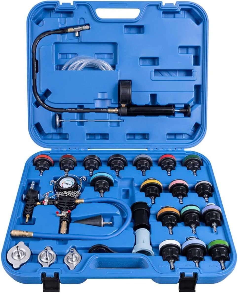 28-Piece Universal Radiator Pressure Tester, Vacuum Type Cooling System Tool Kit For Many Makes and Models with Carrying Case (Blue Case)