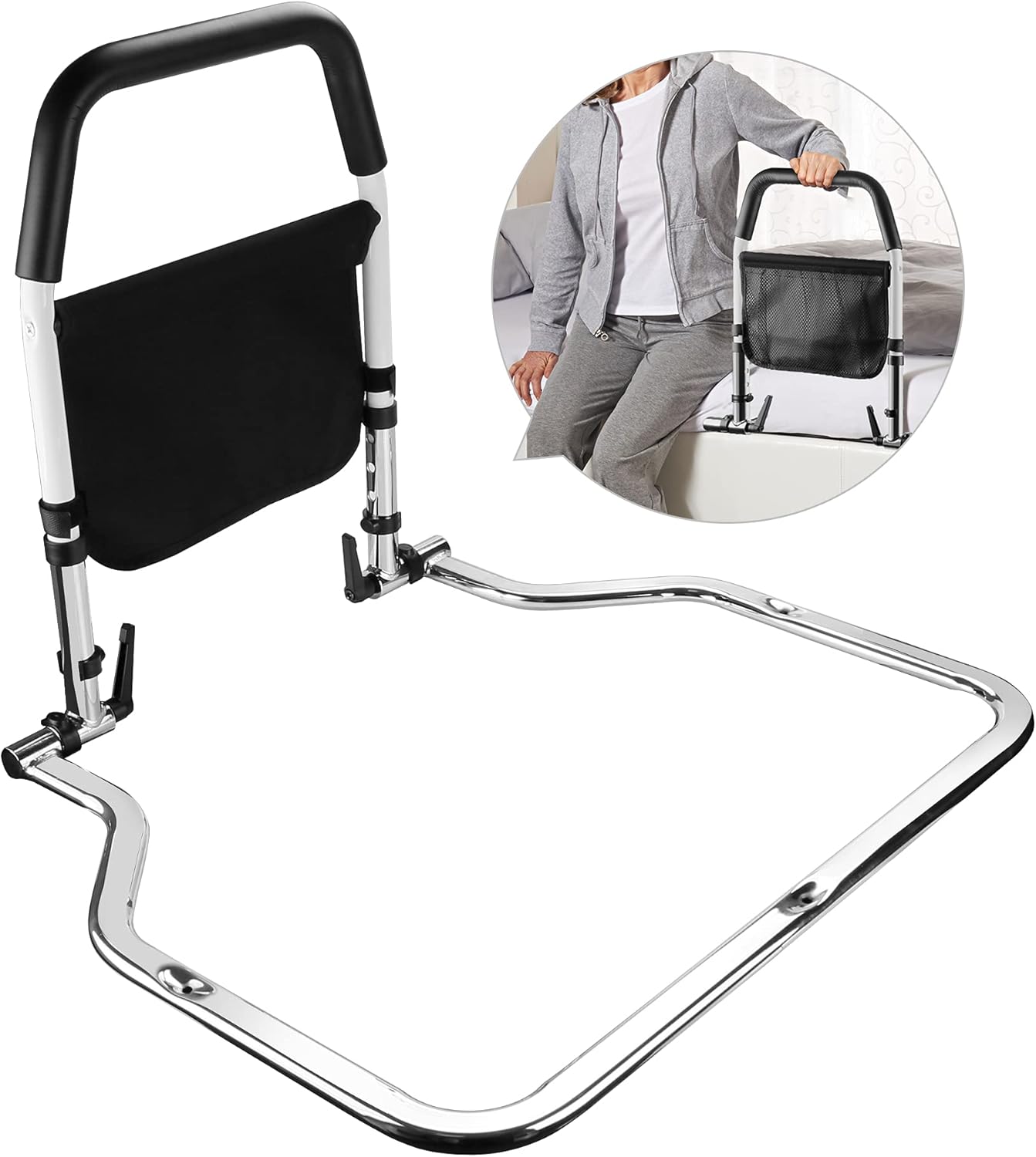 Welspo Bed Rails for Elderly Adults, Medical Bedrail Assist Bar with Storage Pocket for Seniors, Height Adjustable Hand Bed Rail for Getting in and Out of Bed Pack of 2