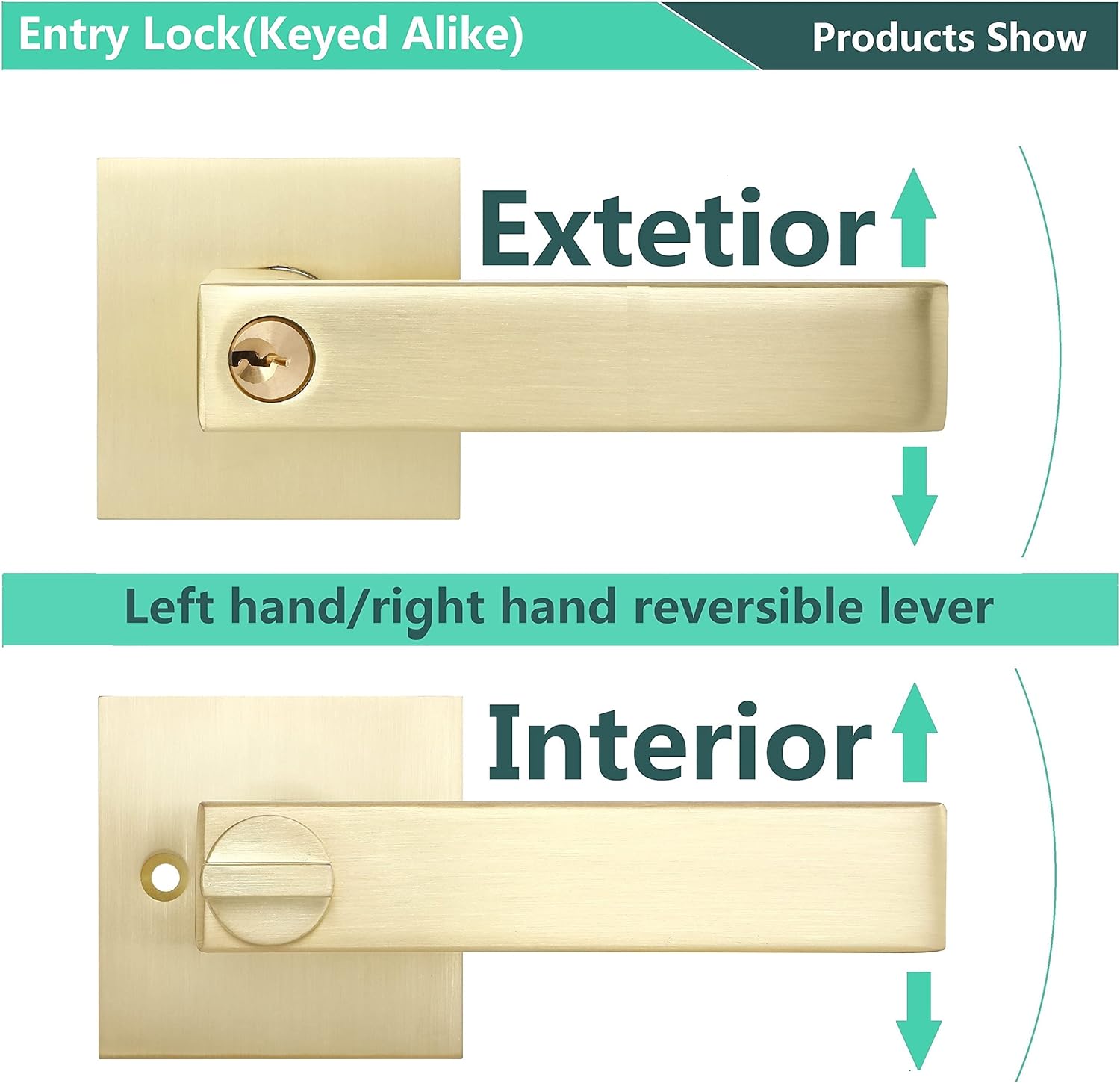 Heittis Door Lever Knob with Lock for Privacy Bathroom Interior Door Heavy Duty Square Doors Lock Handle Set - Stain Brass