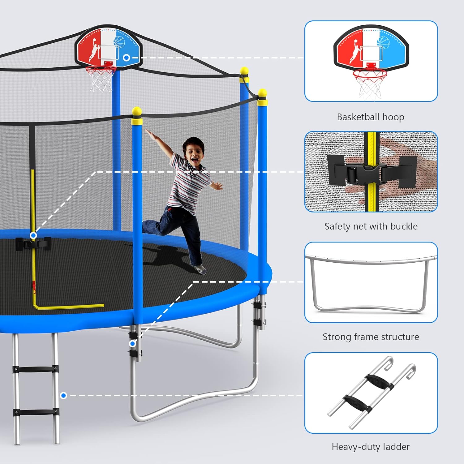 Lyromix 14Ft Trampoline Kids Trampolines with Enclosure Net, Outdoor Recreational Trampoline with Basketball Hoop and Ladder for Children and Adults for Backyard,Sky Blue