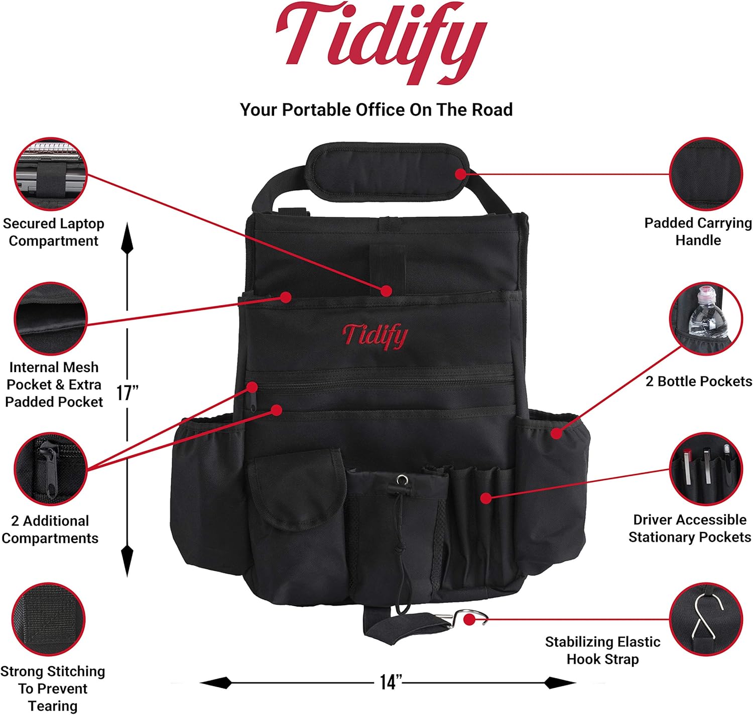 Tidify Car Front Seat Organizer [2021 UPDATED] with Dedicated Tablet and Laptop Storage Stabilizing Side Straps Soft Adjustable Shoulder Strap and Hardened Buckles Your Office Away from Office Pack of 2
