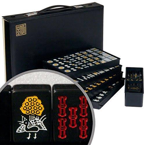 Japanese Riichi Mahjong Set with Black Tiles Yellow Mountain Imports