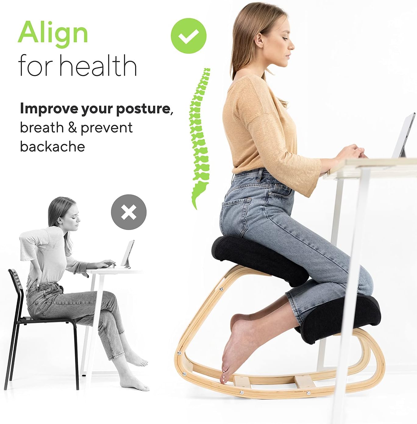 Luxton Memory Foam Ergonomic Kneeling Chair - Posture Support Comfortable Padded Office Desk Chair - Angled Rocking Stool & Balancing Seat - Natural Relief for Neck or Back Pain