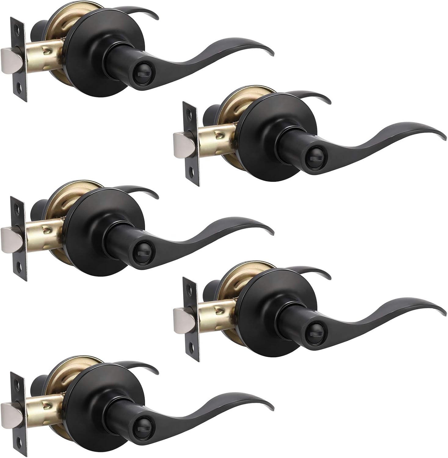 GOBEKOR 5 Pack Black Door Handle with Lock, Matte Black Interior Door Handles Keyless for Bedroom Bathroom Privacy Door Levers Black Bedroom Door Handles Set