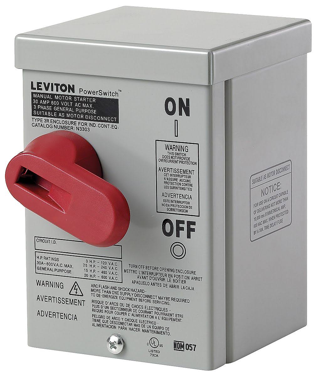 Leviton N3303-DS Type 3R Enclosure Three-Pole AC Motor Starting SWITCH; 3 Pole, 30 Amp, 600 Volt