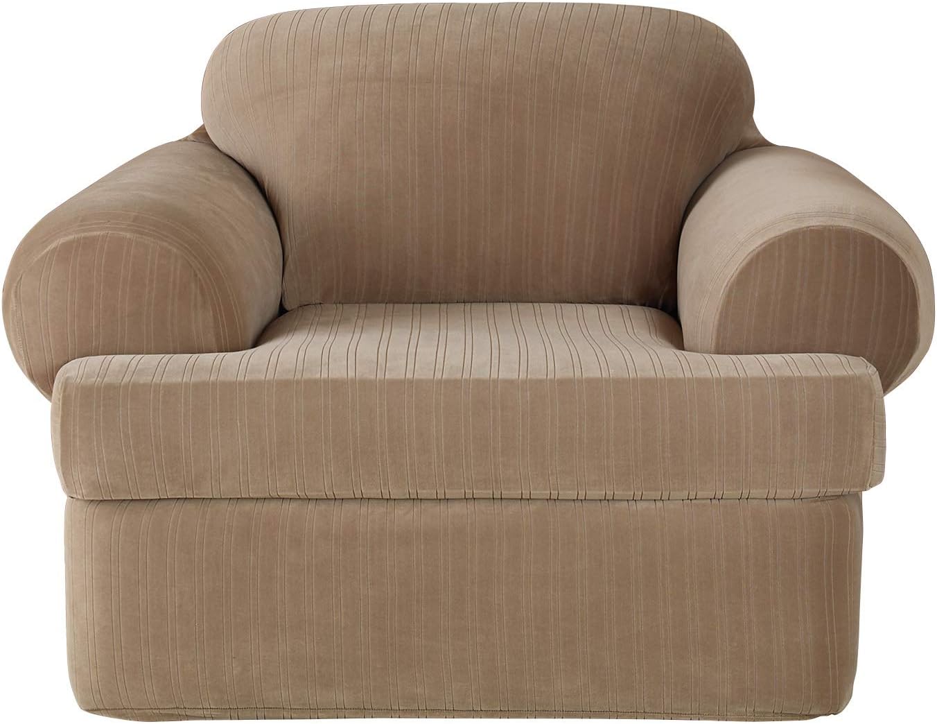 SureFit Stretch Pinstripe T-Cushion Chair Cover, Form Fit, Polyester/Spandex, Machine Washable, Taupe Color