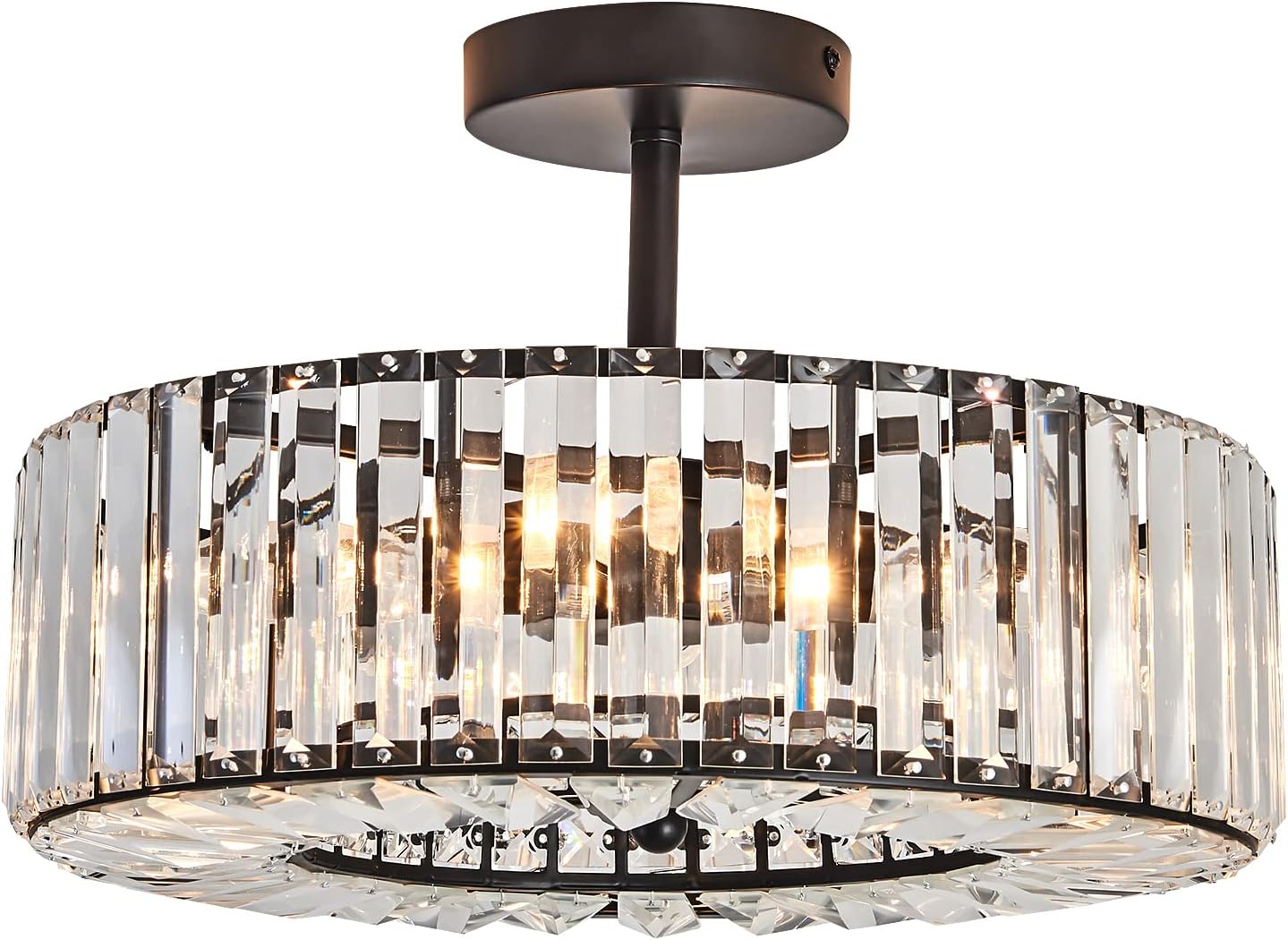 DAFKOS 4 Lights Modern Crystal Chandelier,Black Round Semi Flush Mount Ceiling Light Fixture,Farmhouse Chandelier for Dinning Room Living Room Bedroom Hallway Entryway Kitchen
