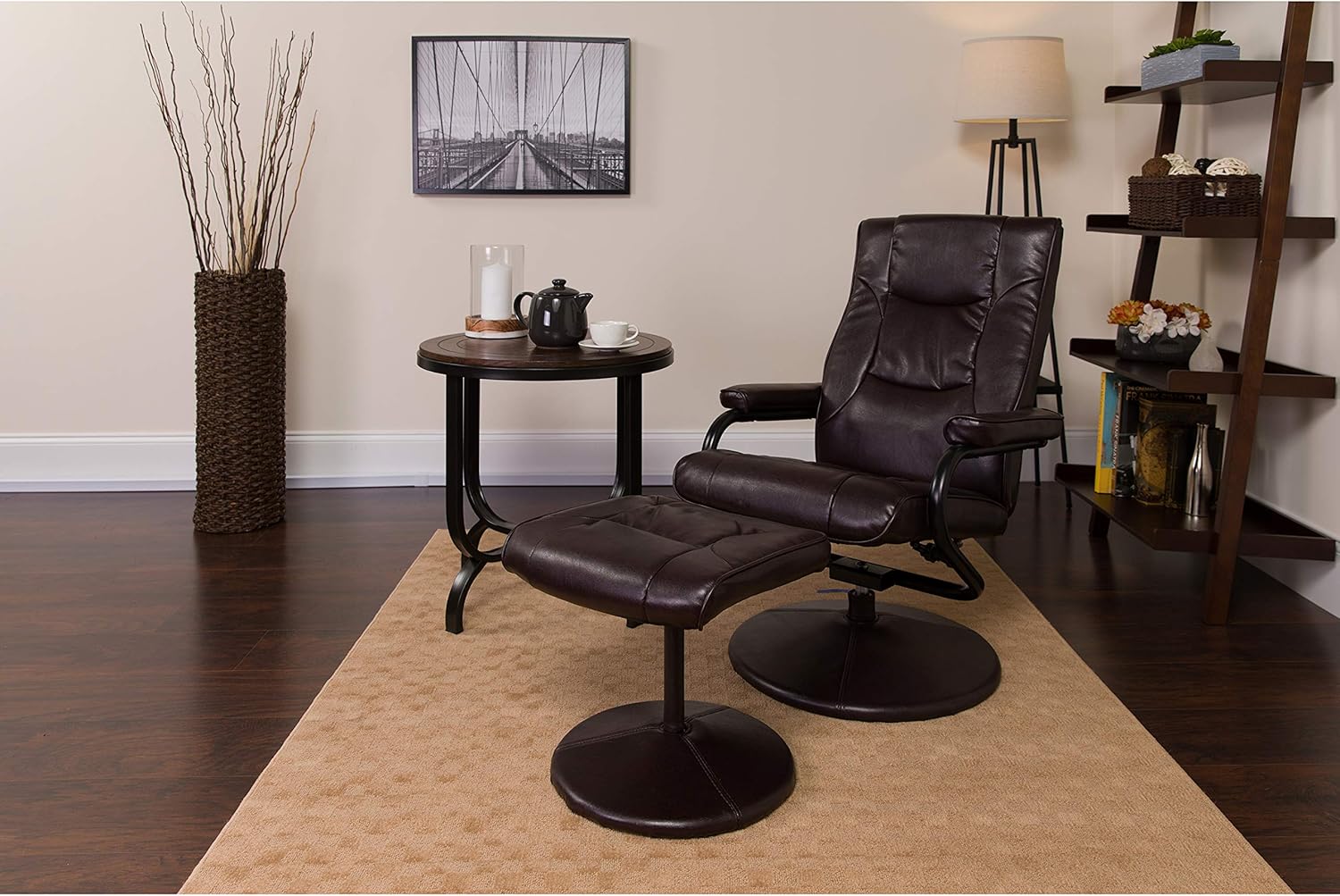 Flash Furniture Contemporary Multi-Position Recliner and Ottoman with Wrapped Base in Black LeatherSoft
