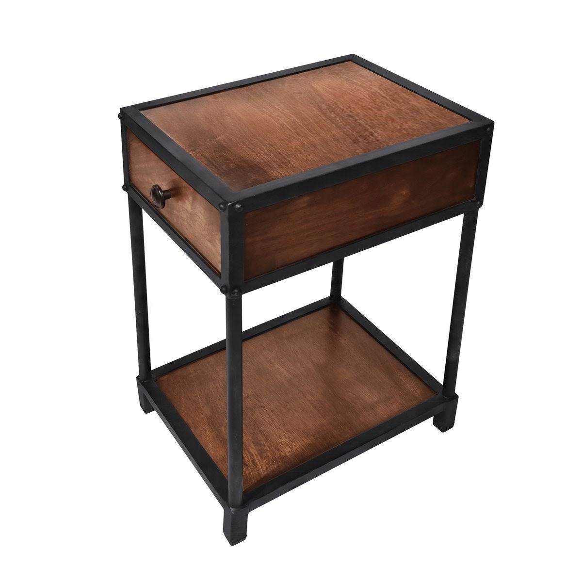 The Urban Port Metal Framed Mango Wood End Table with Drawer and Open Base, Brown and Black - 22 H x 15 W x 12 L Inches