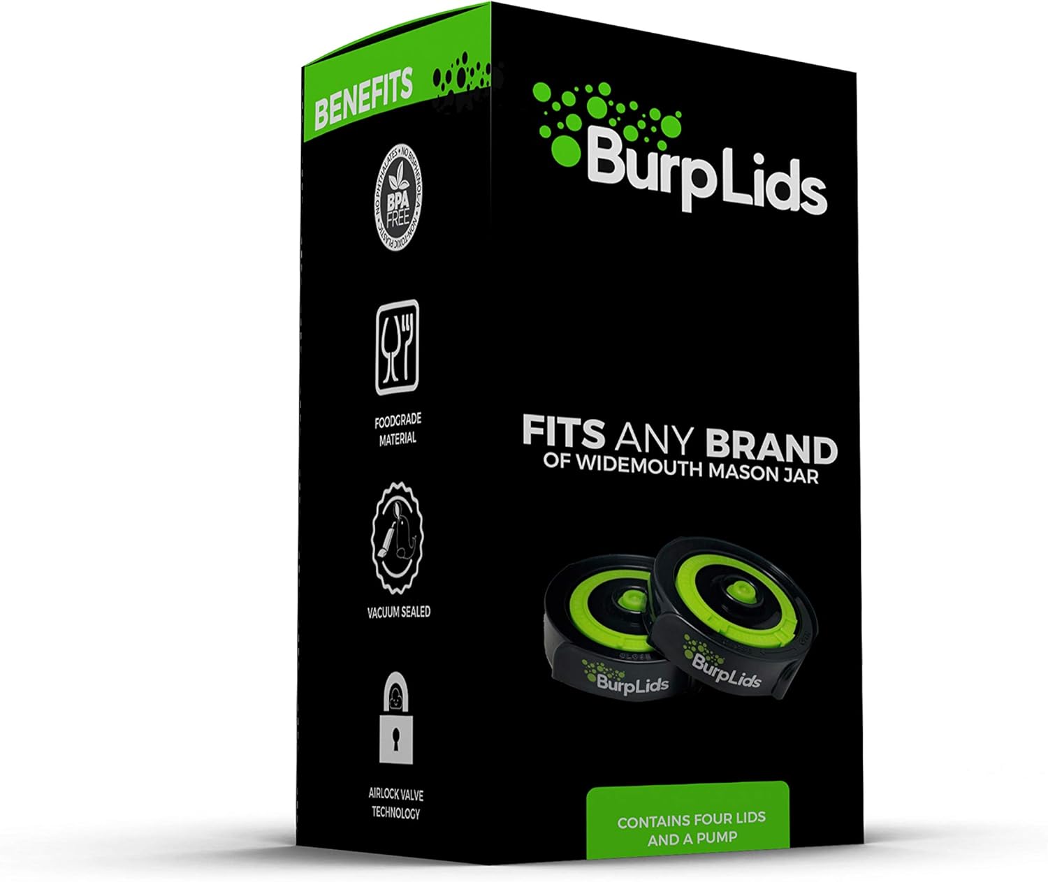 Burp Lids Curing Kit - Fits All Wide Mouth Mason Jar Containers - A Home Harvesting Essential. 4 lids + extraction pump. Vacuum sealed for successful cure.