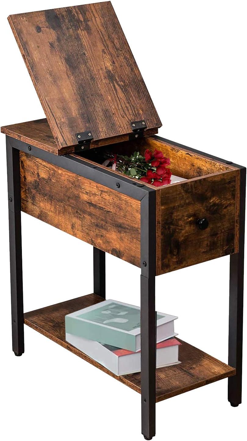 Sofa Side Table,Flip Top Open Narrow End Table with Storage Shelf for Small Spaces Bedside Nightstand for Living Room,Bedroom