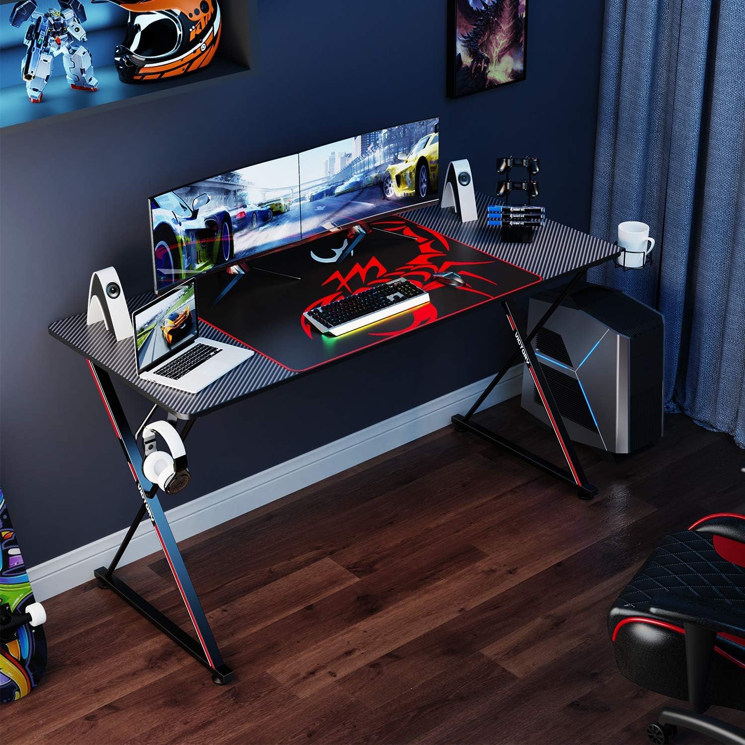 Gaming Computer Desk 55 inch, X Shaped PC Gaming Desk Table Home Office Workstation with Mouse Pad Cup Holder Headphone Hook, Black