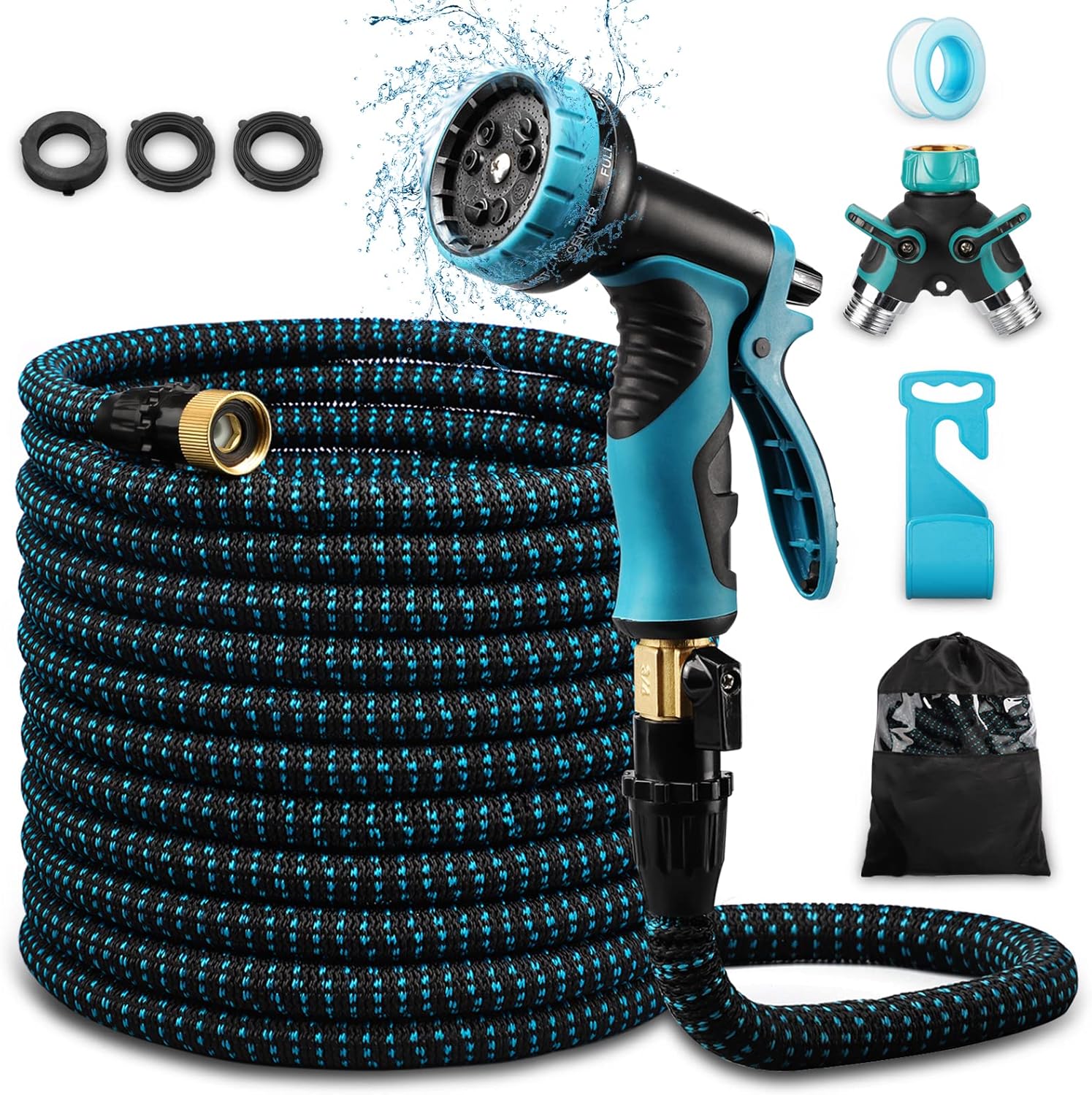 Run Star Garden Hose, Expandable Water Hose, 9 Function Nozzle, Lightweight & No-Kink Flexible Garden Hose, Heavy Duty High Pressure Hose Leakproof Design 3/4&rdquo; Solid Brass Fittings, 50 ft Blue Black