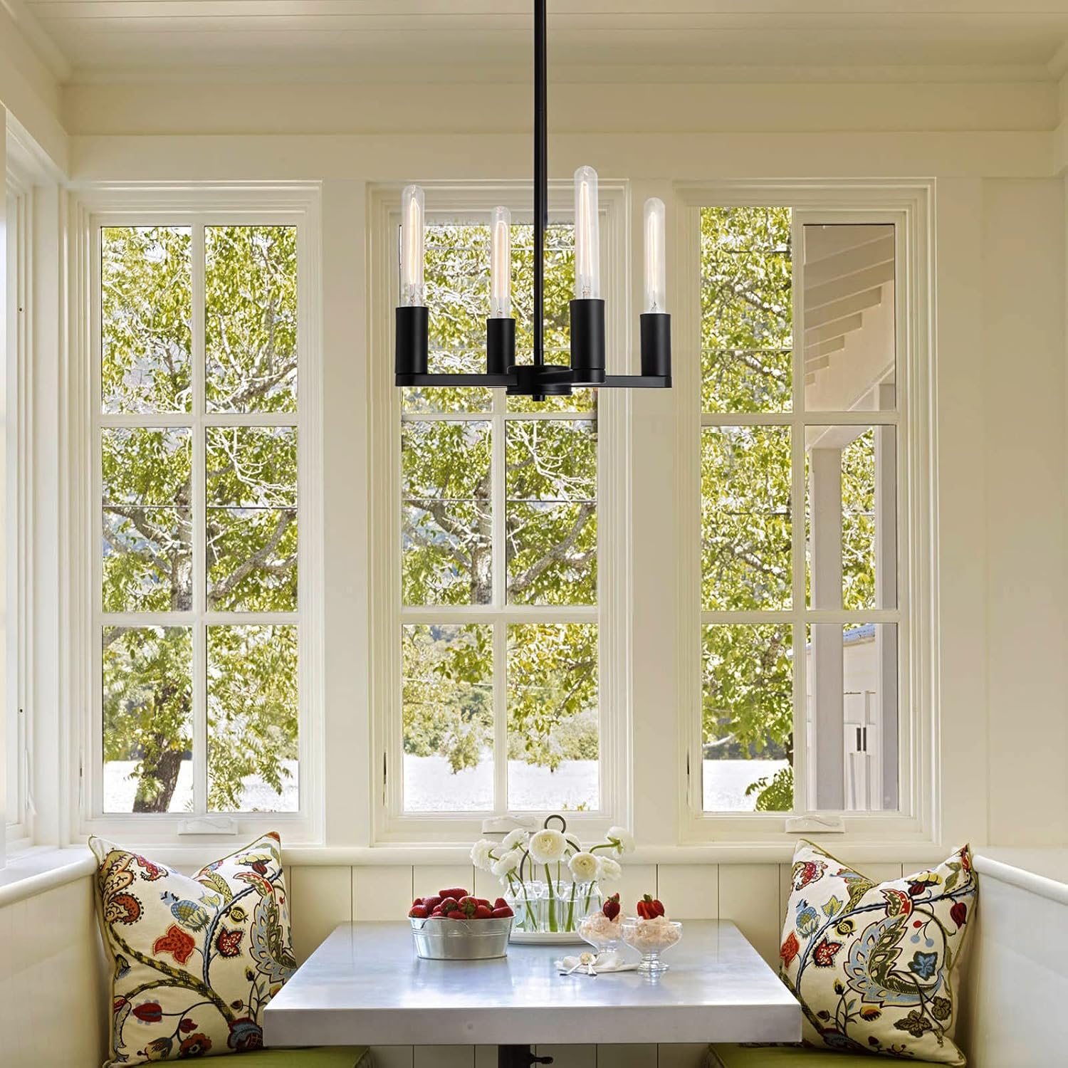 Farmhouse Chandelier 4-Light Industrial Adjustable Pendant Light Fixtures for Kitchen Island Living Room Foyer Hallway Matte Black, by Toupus