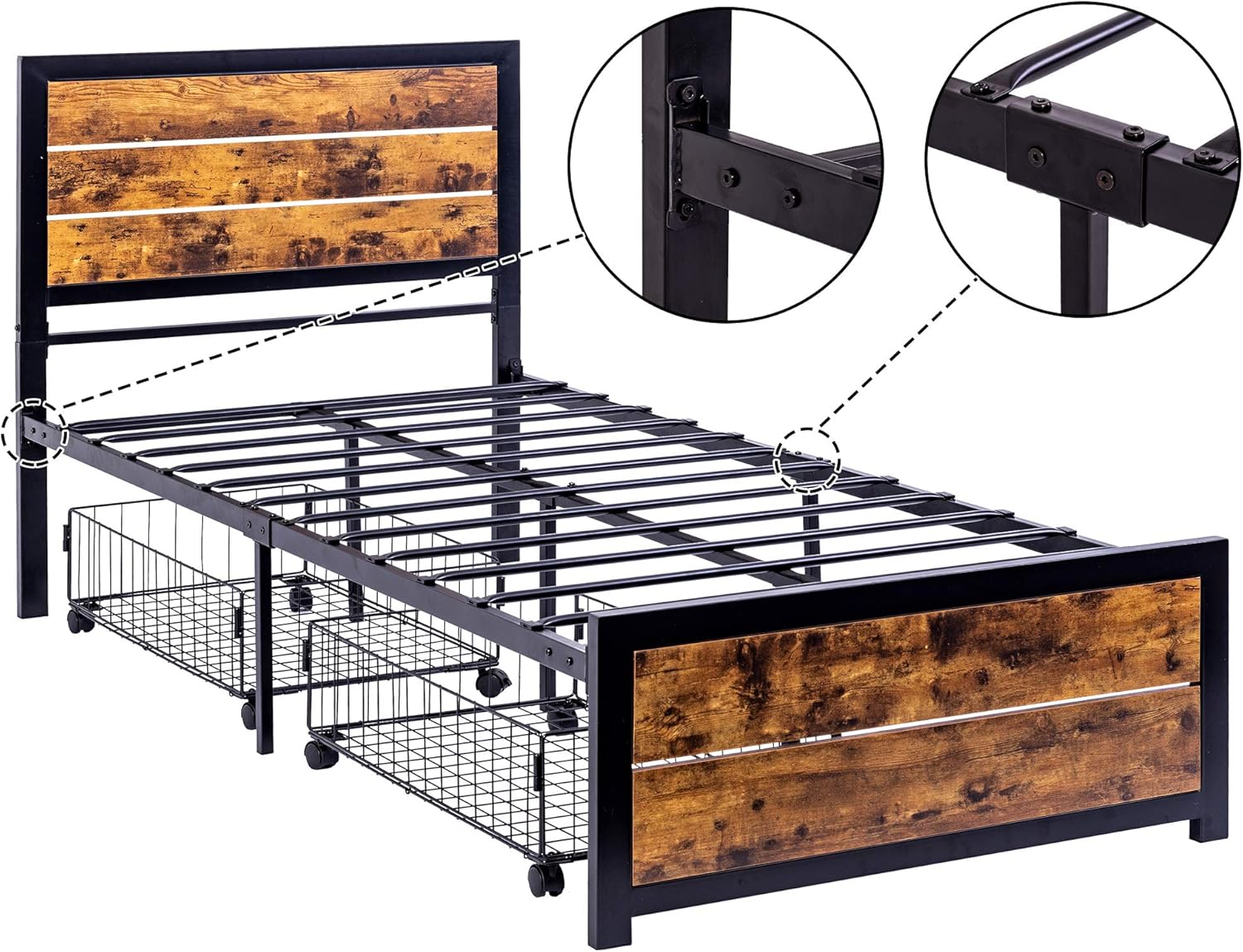 WAYTRIM Twin Bed Frame, Metal Bed Frame Twin Size with Headboard and Footboard Mattress Foundation Strong Slat Support, with Rolling Black Wire Underbed Cart - Antique Brown