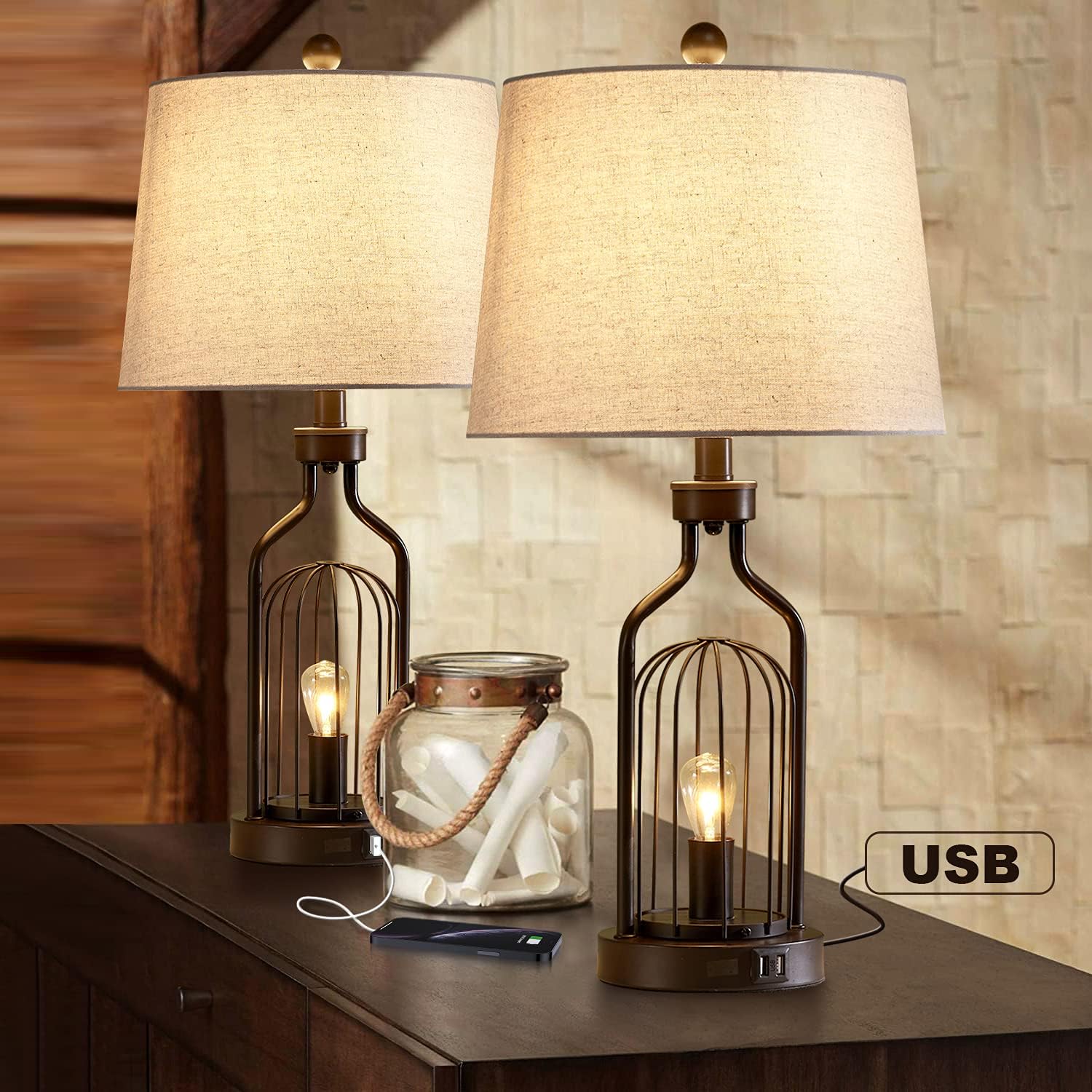 Industrial Table Lamps Set of 2 with USB Ports, Bedside Nightstand Lamp for Bedroom, Farmhouse Lamp for Living Room Foyer Study Office, Open Column & White Fabric Shade(Black, 2 Pack)