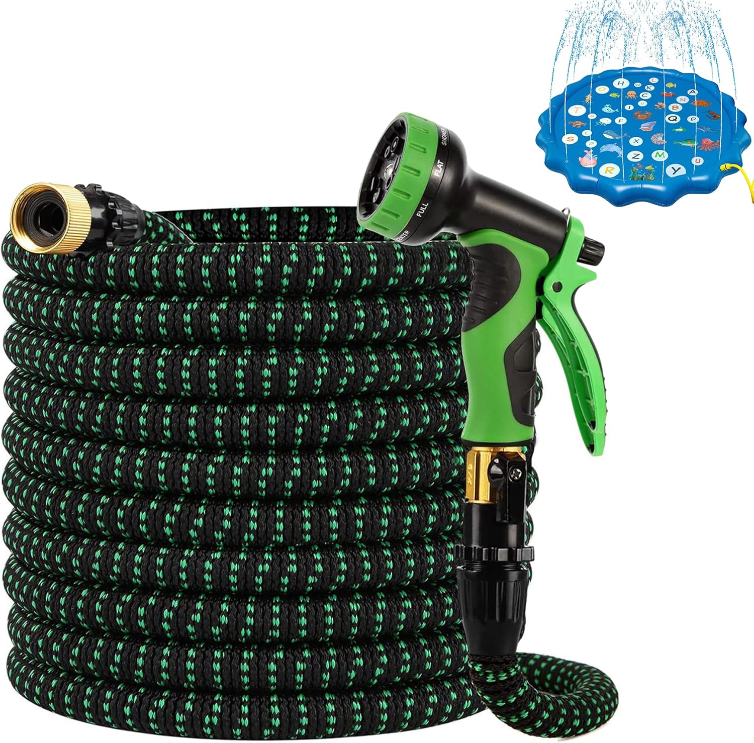 NUNET Garden Hose Expandable to 100 ft, Durable Flexible Water Hose 100ft,9 Function Metal Spray Nozzle, Potable Car Wash Tool Extra Strength Fabric Cover w. 3/4” Heavy Duty Brass Valve & Splitter Pack of 2