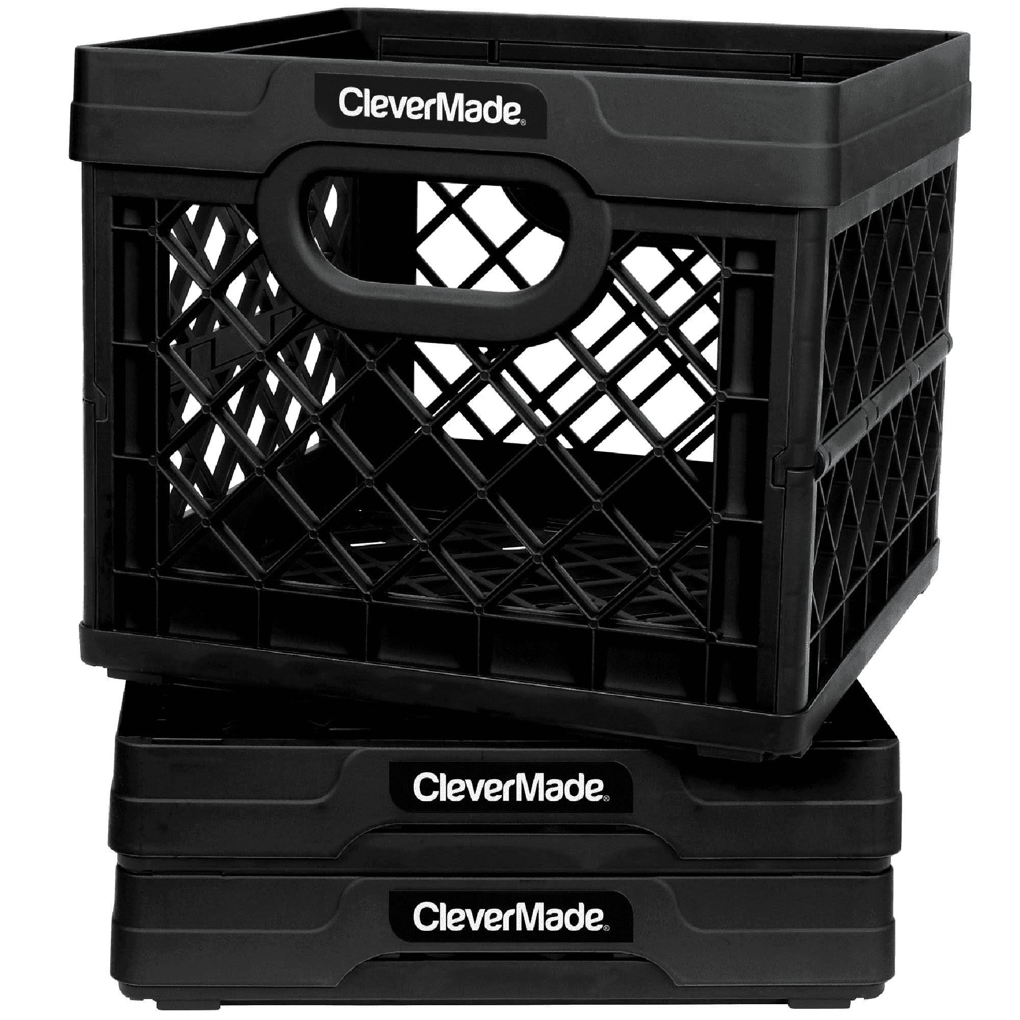 Clevermade - MilkCrates Plastic 25L Collapsible Utility Crate, Black (3-Pack)