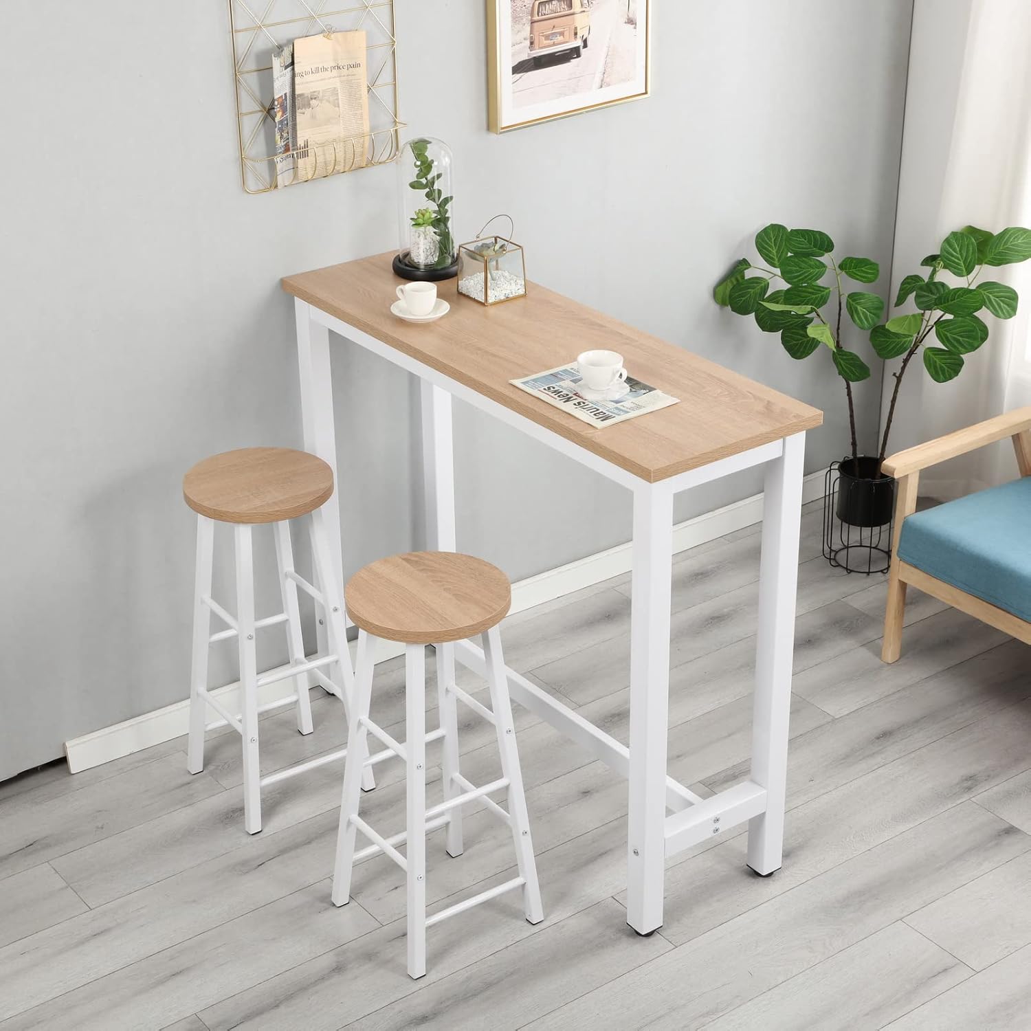 3 Piece Pub Dining Set, Faux Marble Bar Table Set, Bar Table and Stools for 2, Space-Saving Bistro Set with Metal Fame for Breakfast Nook Living Room Small Space Restaurant