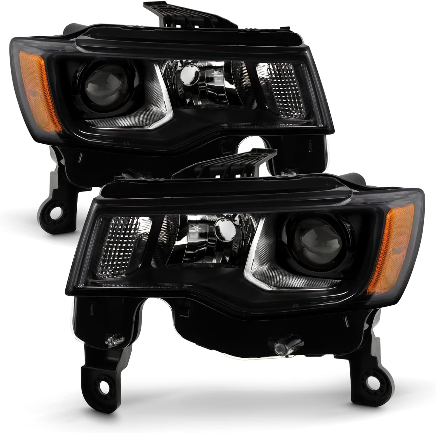 AKKON - Fits 2017-2021 Jeep Grand Cherokee SUV [Halogen Type] Projector Black Interior Headlights Pair Driver + Passenger