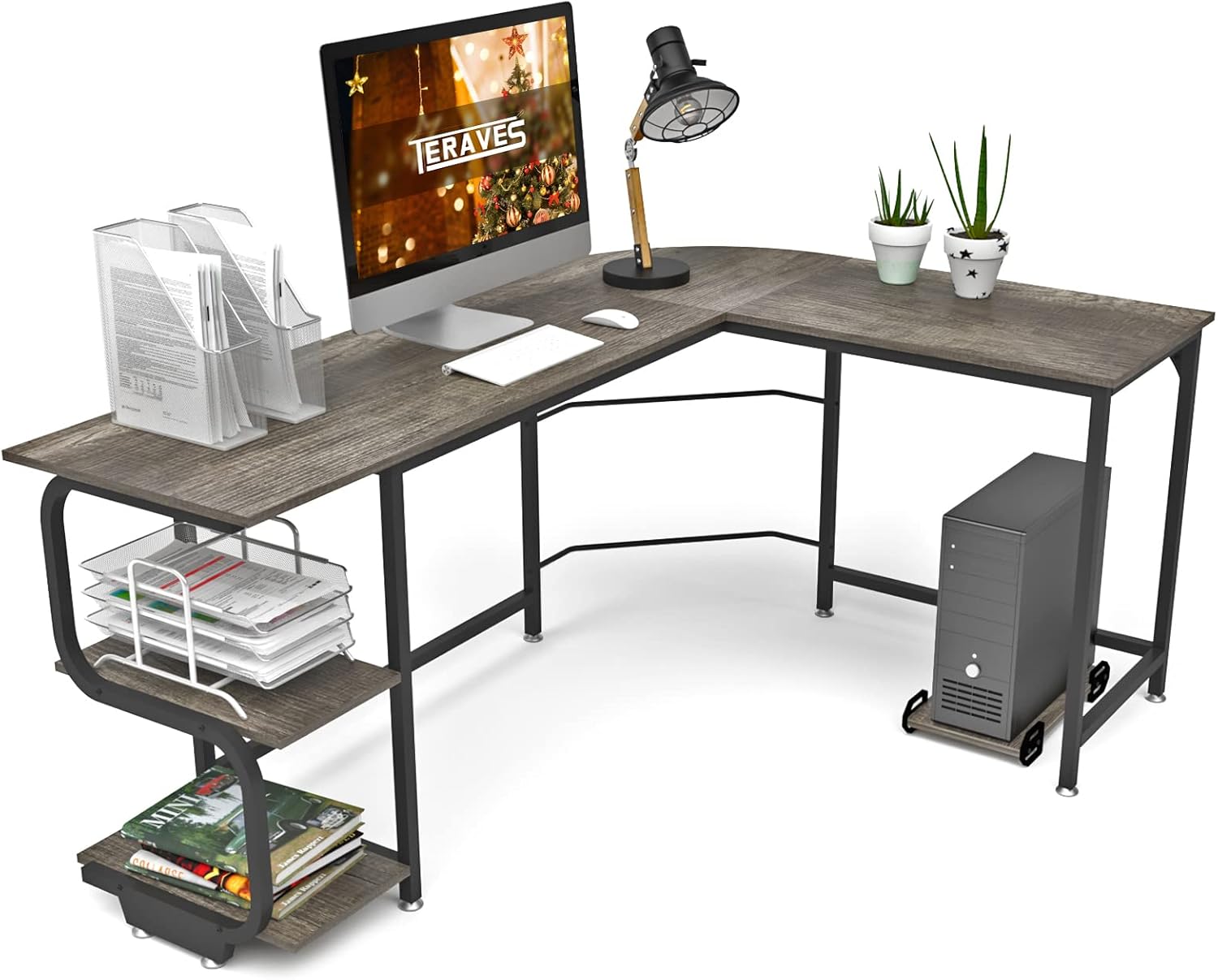 Teraves Reversible L Shaped Desk with Shelves Computer Desk Gaming Desk for Home Office Round Corner Office Desk for Small Space