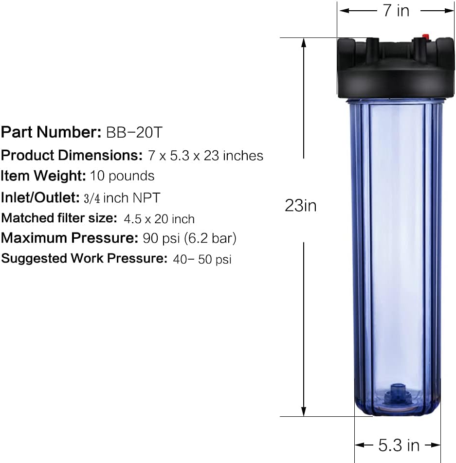 Geekpure 20-Inch Whole House Clear Water Filter Housing with Wrench and Bracket-Fit 4.5