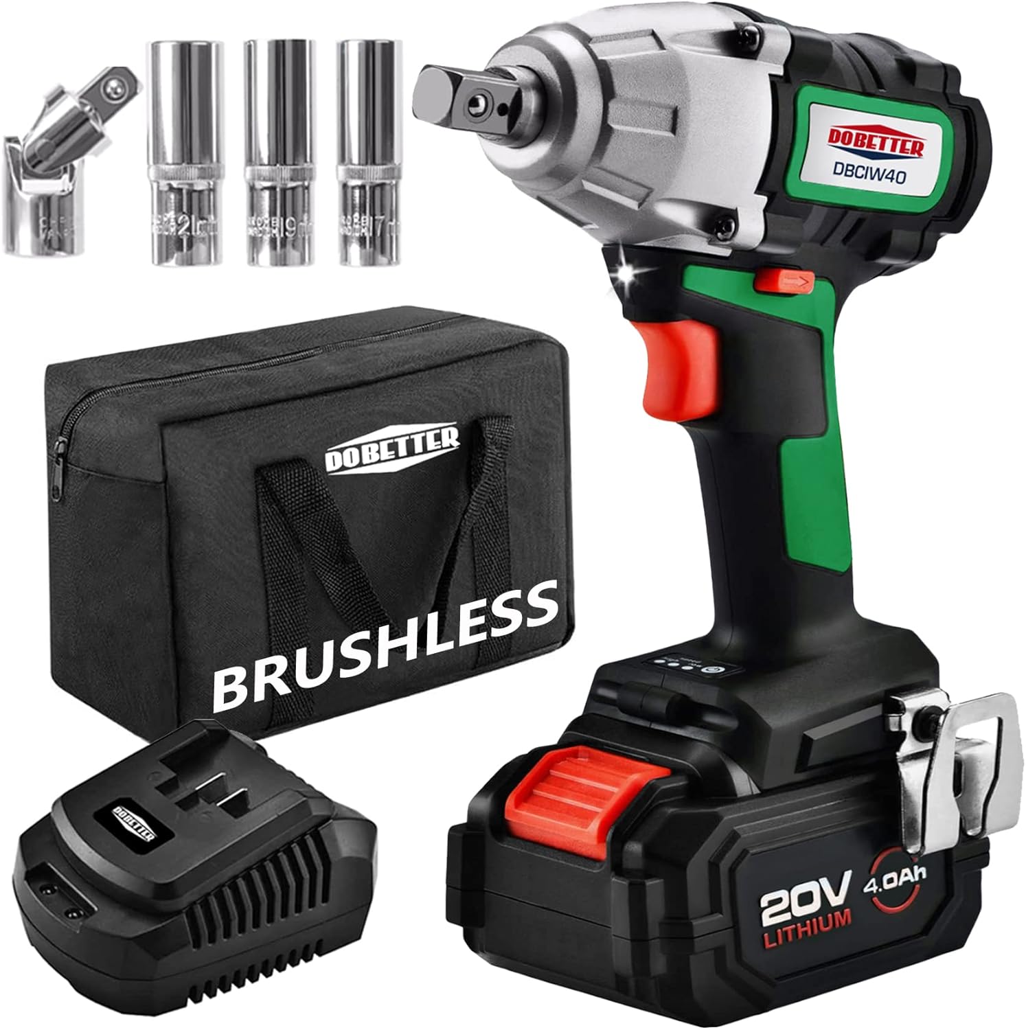 Dobetter 20V Cordless Impact Wrench 1/2 Inch, 4000 mAh Battery, Max 300ft-lbs Torque Electric Impact Wrench with Fast Charger, Tool Bag, 1 Universal Joints and 3 Long Sockets