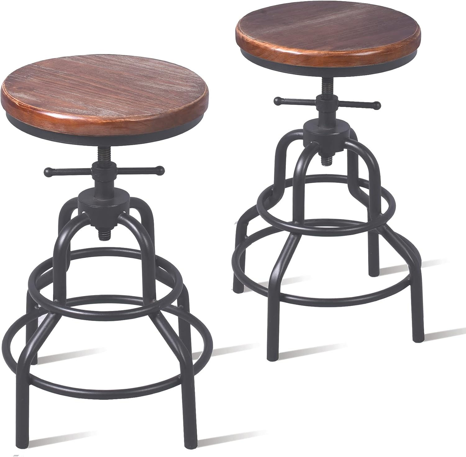 Topower American Antique Industrial Design Metal Adjustable Height Bar Stool Chair Kitchen Dining Breakfast Chair Natural Pinewood Industrial Style (Black 2pcs)