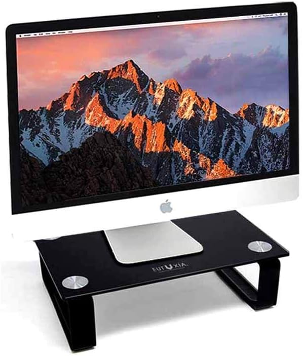 Eutuxia Type-S Black Tempered Glass Monitor Stand, TV, Laptop, Computer, All-in-One Desktop, Printer Riser [21.75 x 8.25 x 3.25 Inches]