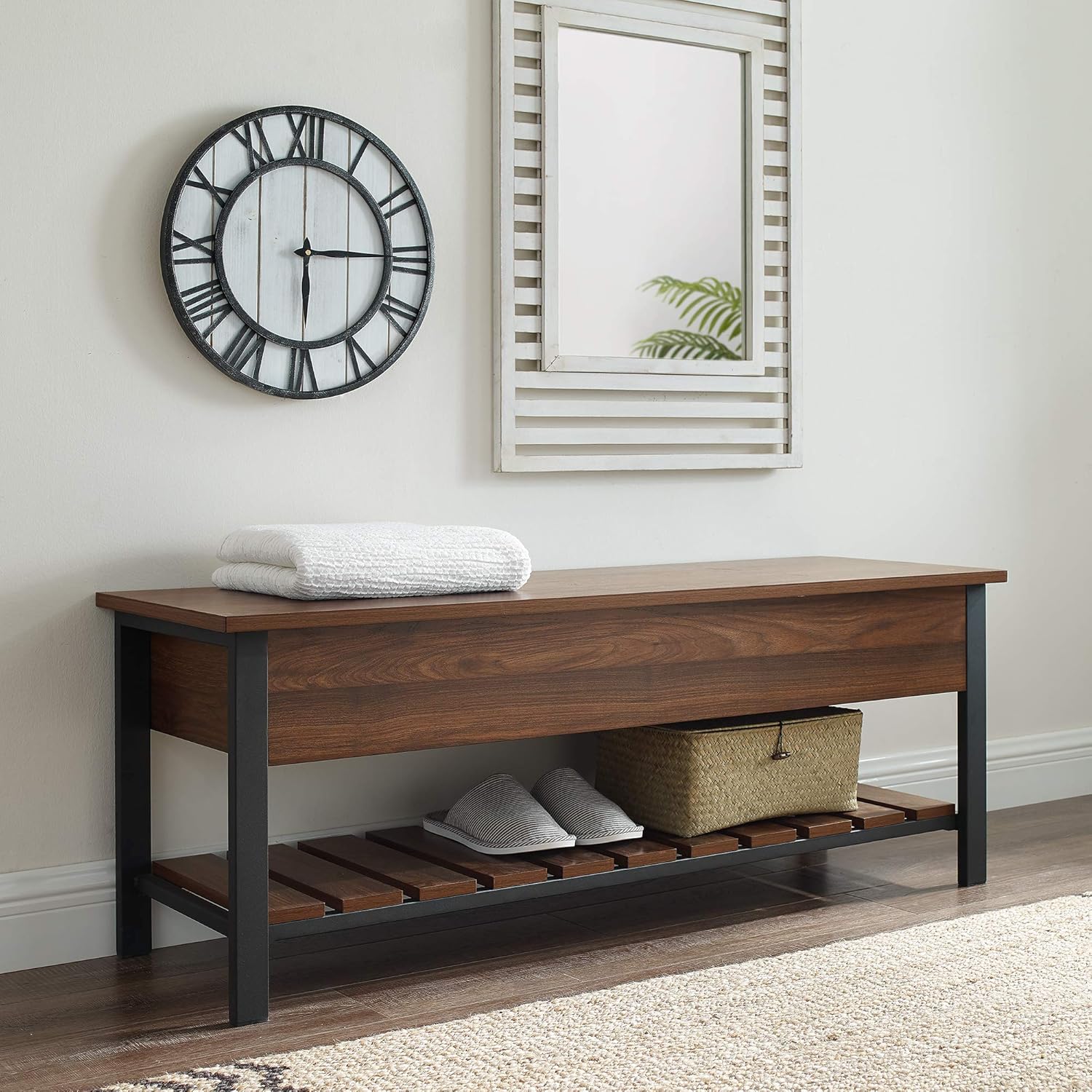 Walker Edison Julian Rustic Farmhouse Lift Top Entry Bench with Bottom Rack, 48 Inch, Dark Walnut