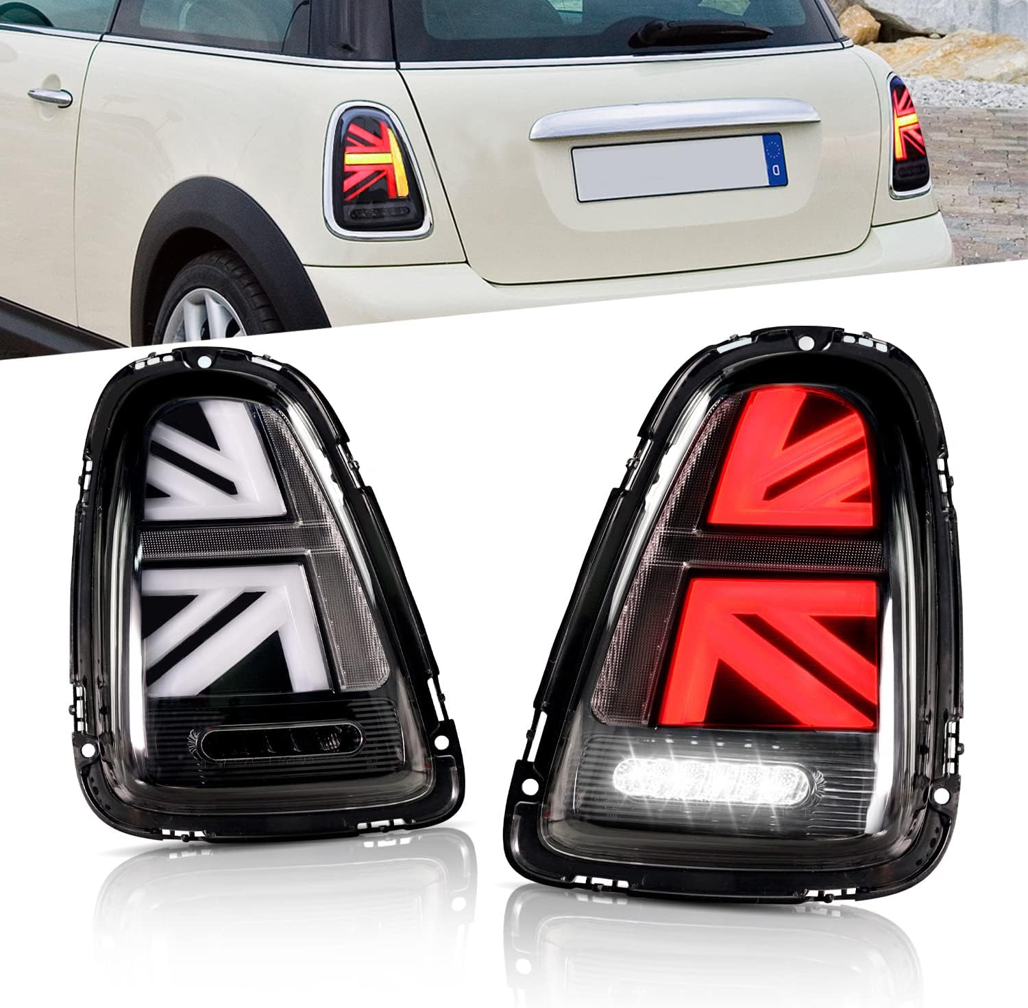 LED Tail Light Assembly Compatible for Mini Cooper 2007-2013 & Coopers Hatchback R55 R56 R57 R58 R59 Union Jack Tail Lights with Sequential Turn Signal Light