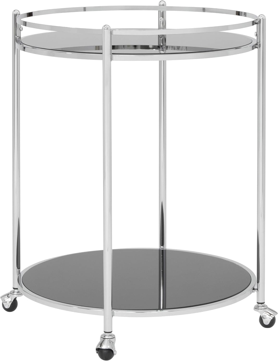 Studio Designs Home Veranda 2-Tier Modern Tempered Round Bar/Serving Cart, Chrome/Black Glass