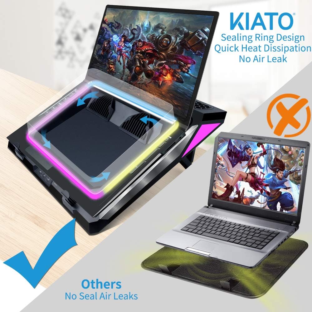 Gaming Laptop Cooling Pad, 14-17.3 Inch Double Blower Cooler Pad, 4500 RPM Laptop Fan Cooling Pad with 2 USB Ports, Dust Filter, Flexible Rubber Ring, Colorful Lights, Adjustable Height Black