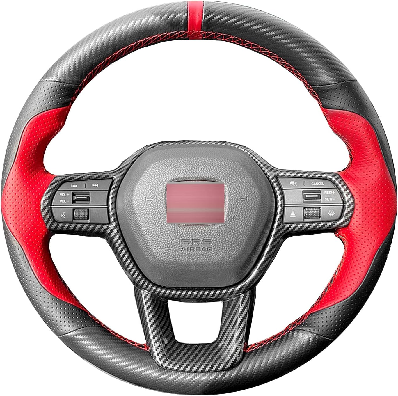 Hand-Stitched Steering Wheel Wrap for 11th Gen Honda Civic 2022 Interior Steering Wheel Protection Skin Cover Accessories (Red Perforated Leather+Matte Black Carbon Fiber)
