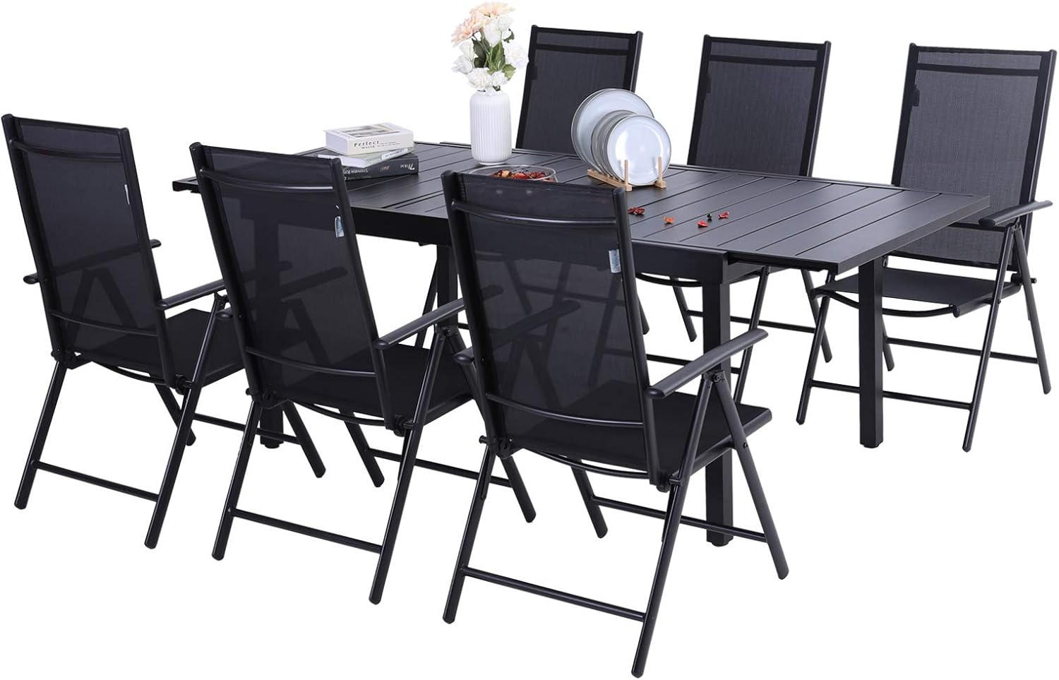 Sophia & William 7 Pieces Patio Dining Set for 6-8 People, Foldable PE Rattan Outdoor Reclining Chairs 7 Levels Adjustable and Expandable Rectangle E-Coating Metal Table for Backyard Porch